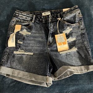 Wax Jean Women's Ripped Denim Shorts - Dark Blue